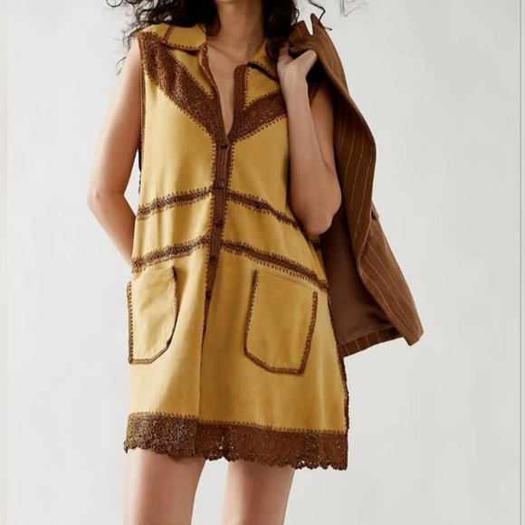 Free People Dresses & Skirts - Free People suede Mini Dress vest duster crochet NEW